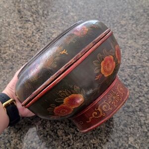 Large Chinese Antique Lacquered finish Basket lidded box decorated floral motifs